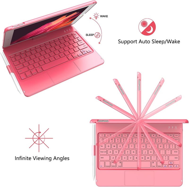 TQQ Touch for iPad 9th Generation Case with Keyboard (10.2", 2021), Multi-Touch Trackpad, 360° Rotatable Protective Cover for iPad Keyboard 9th/8th/7th Gen with Pencil Holder (Pink) - Image 4